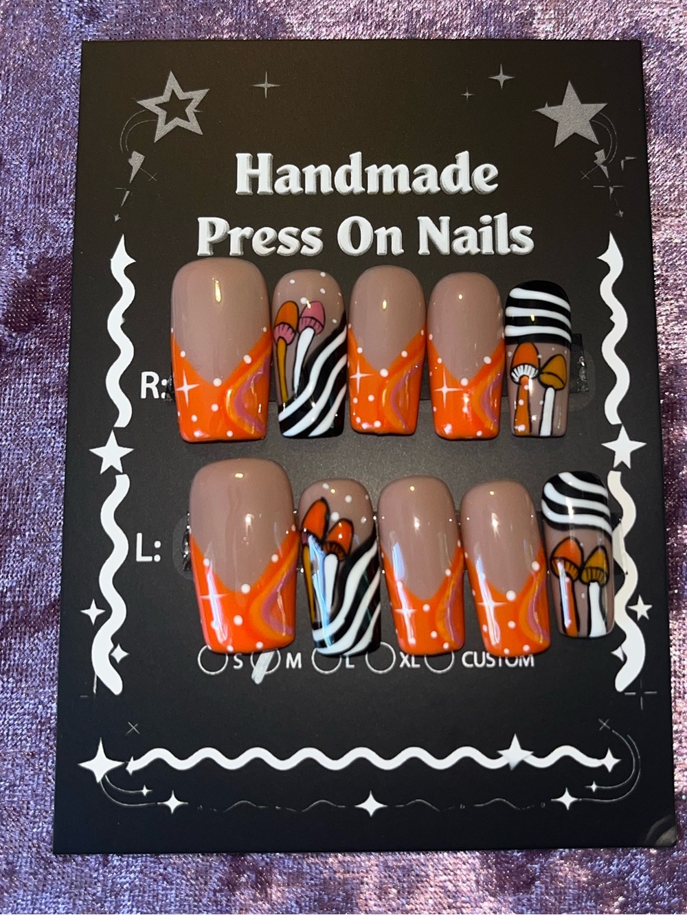 Handmade Press On Nails - Orange Accent with Zebra & Heart Design